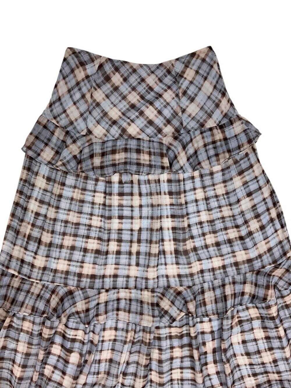 En Saison Briar Plaid Ruffle Tiered Midi Skirt XS Brown Blue Western - Picture 10 of 13